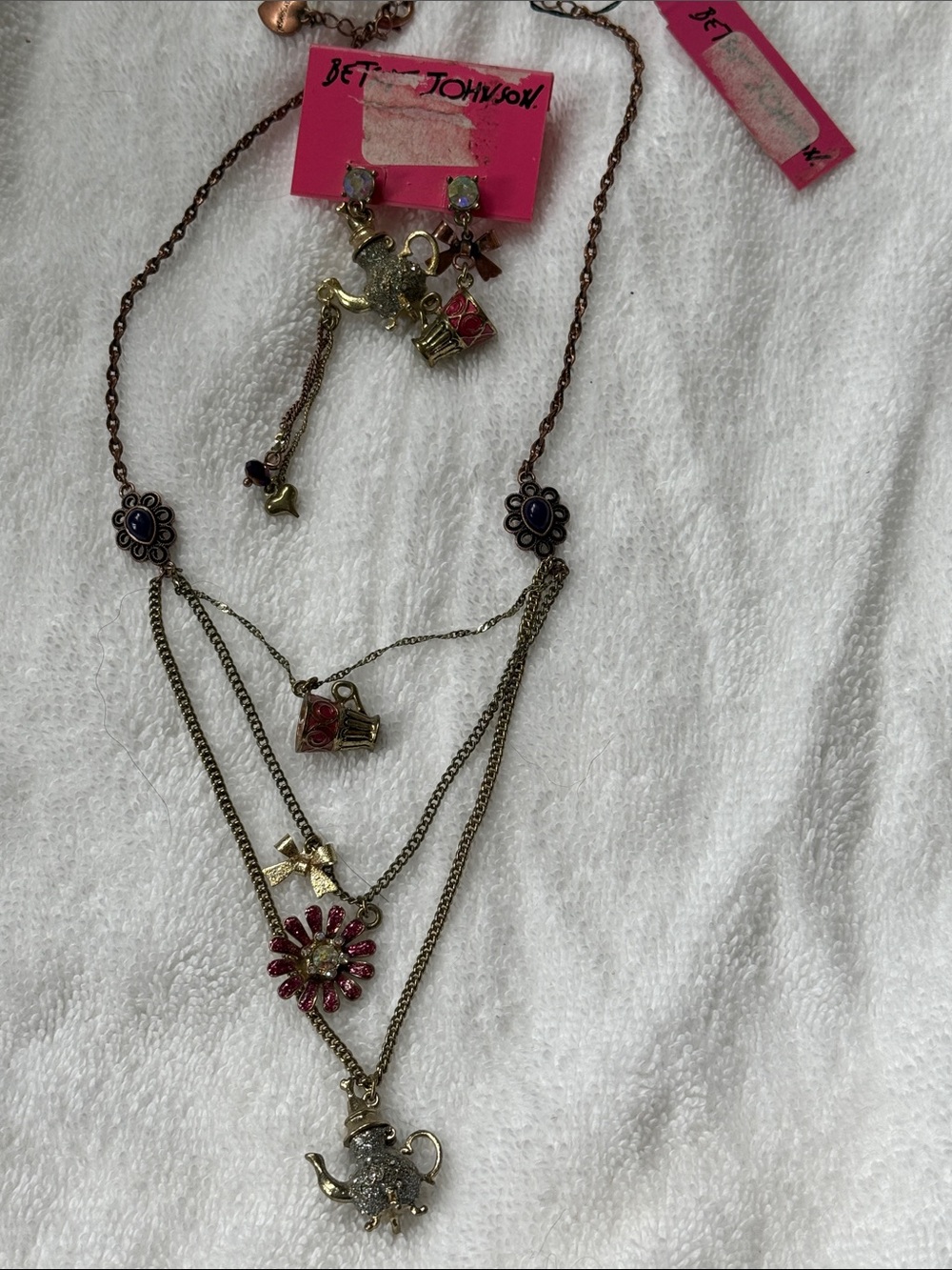 Vintage Betsey Johnson Gold-Tone Tea / Mad Hatter Necklace and Earrings Bundle